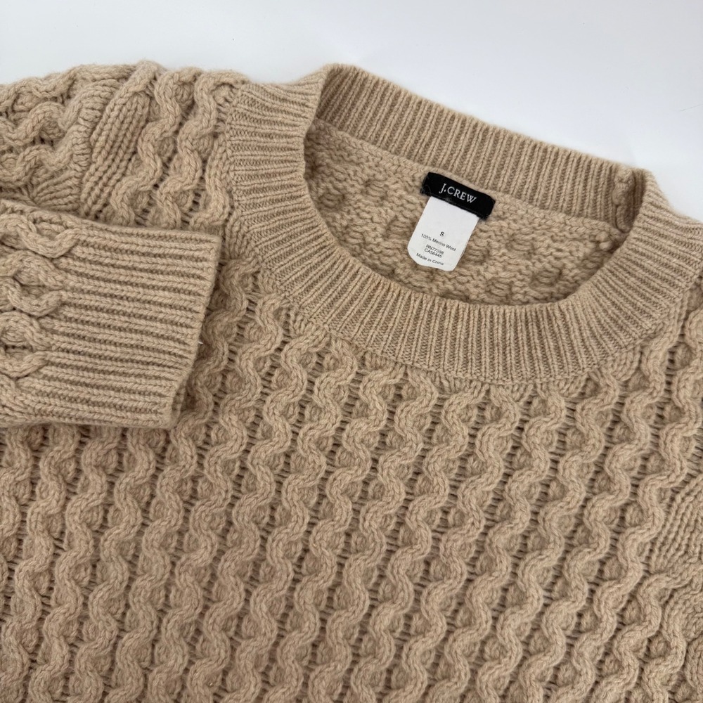 J Crew Cable Knit Womens Merino 100% Wool Sweater Tan Crew Neck Small